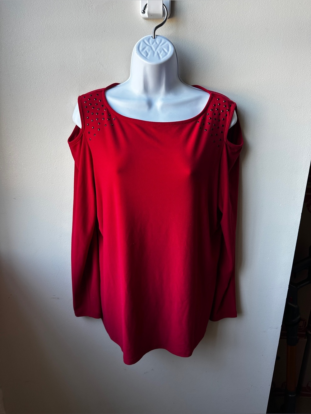 Red Rhinestone Cold Shoulder Long Sleeve Top Women’s Studded Casual Blouse, M